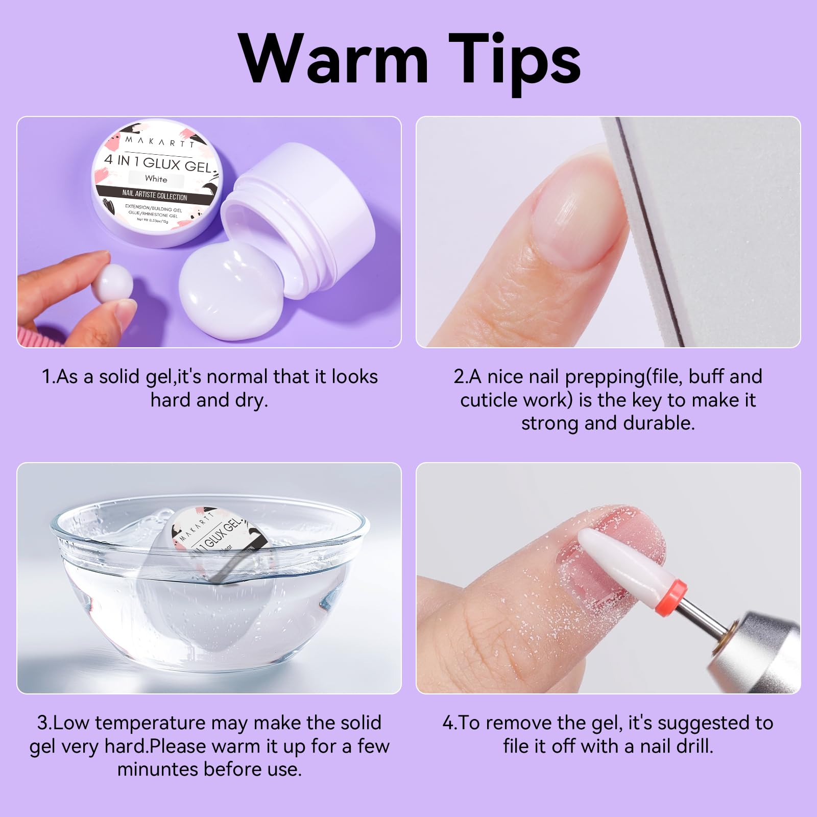Makartt 3D Gel Nail Art – 4-in-1 Solid Builder Gel White, Non-Sticky, 2x15ml + UV Glue for Tips