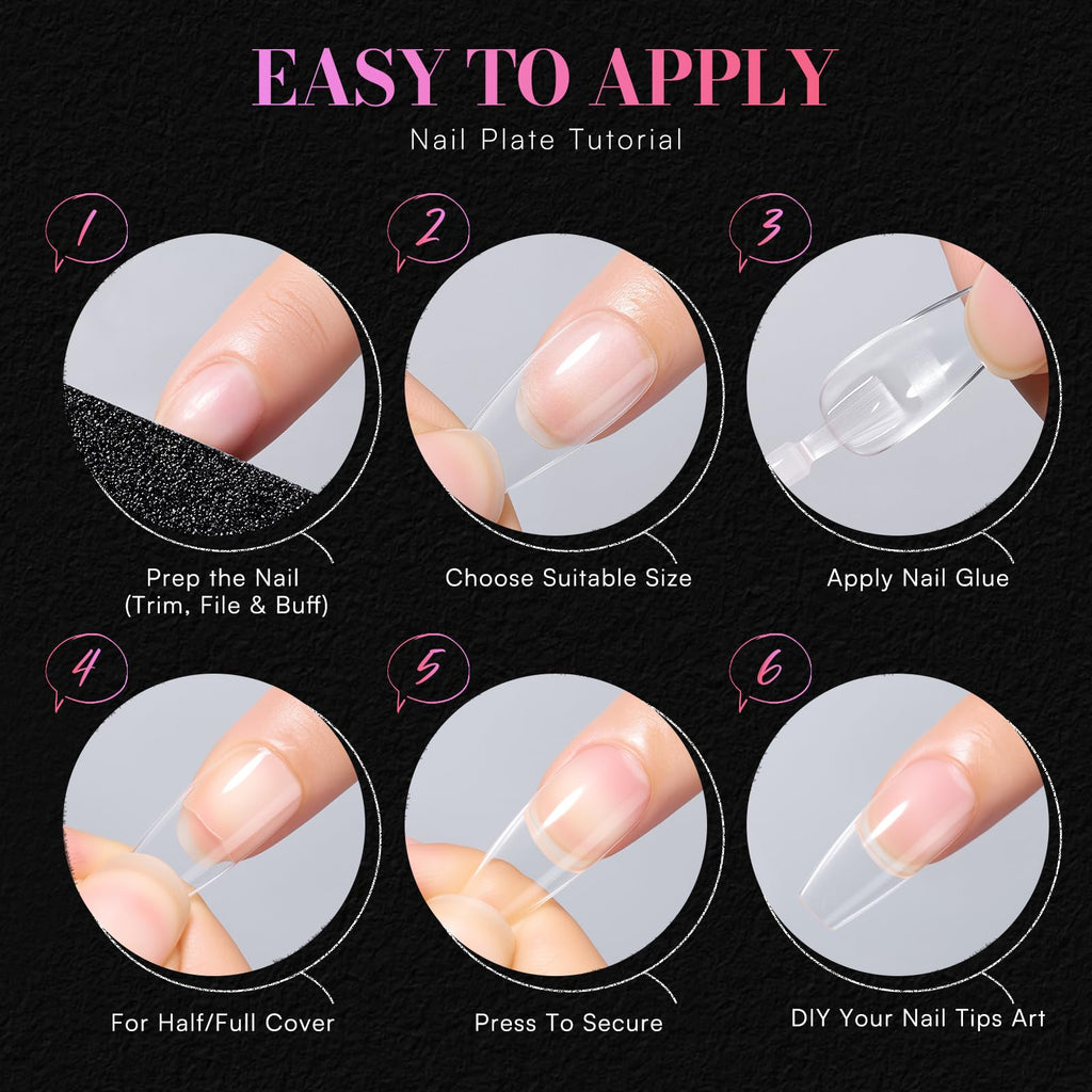 Makartt Medium Coffin Nail Tips – 504 PCS Pre-Etched Clear Nails, 15 Sizes, Half-Matte Finish, Press-On Extensions
