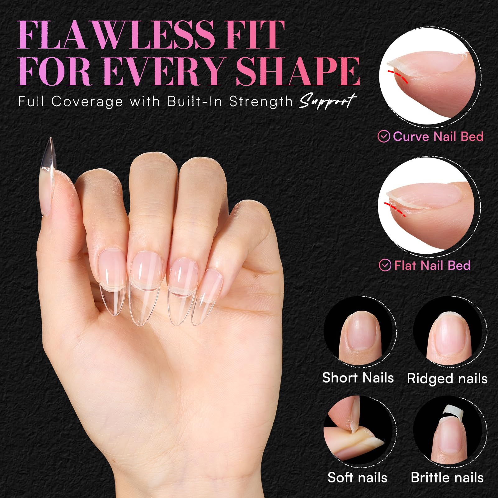 Makartt Medium Almond Nail Tips – 504 PCS, Pre-Etched Clear, 15 Sizes