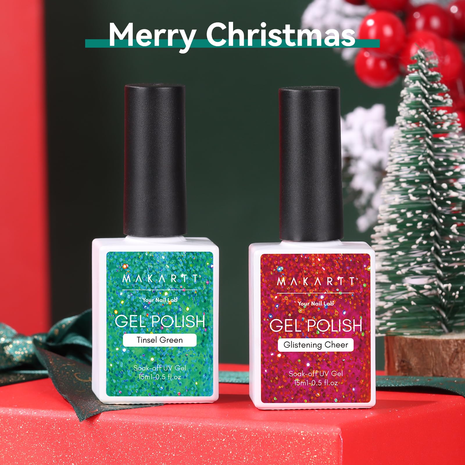 Makartt Christmas Glitter Gel Nail Polish Set – 2x15ml Shimmer Red & Green