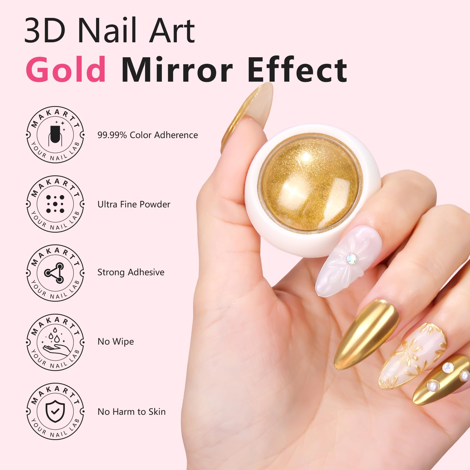 Makartt 3D Gel Nail Art Kit with Gold Chrome Powder – Clear Molding Gel & Mirror Powder Set