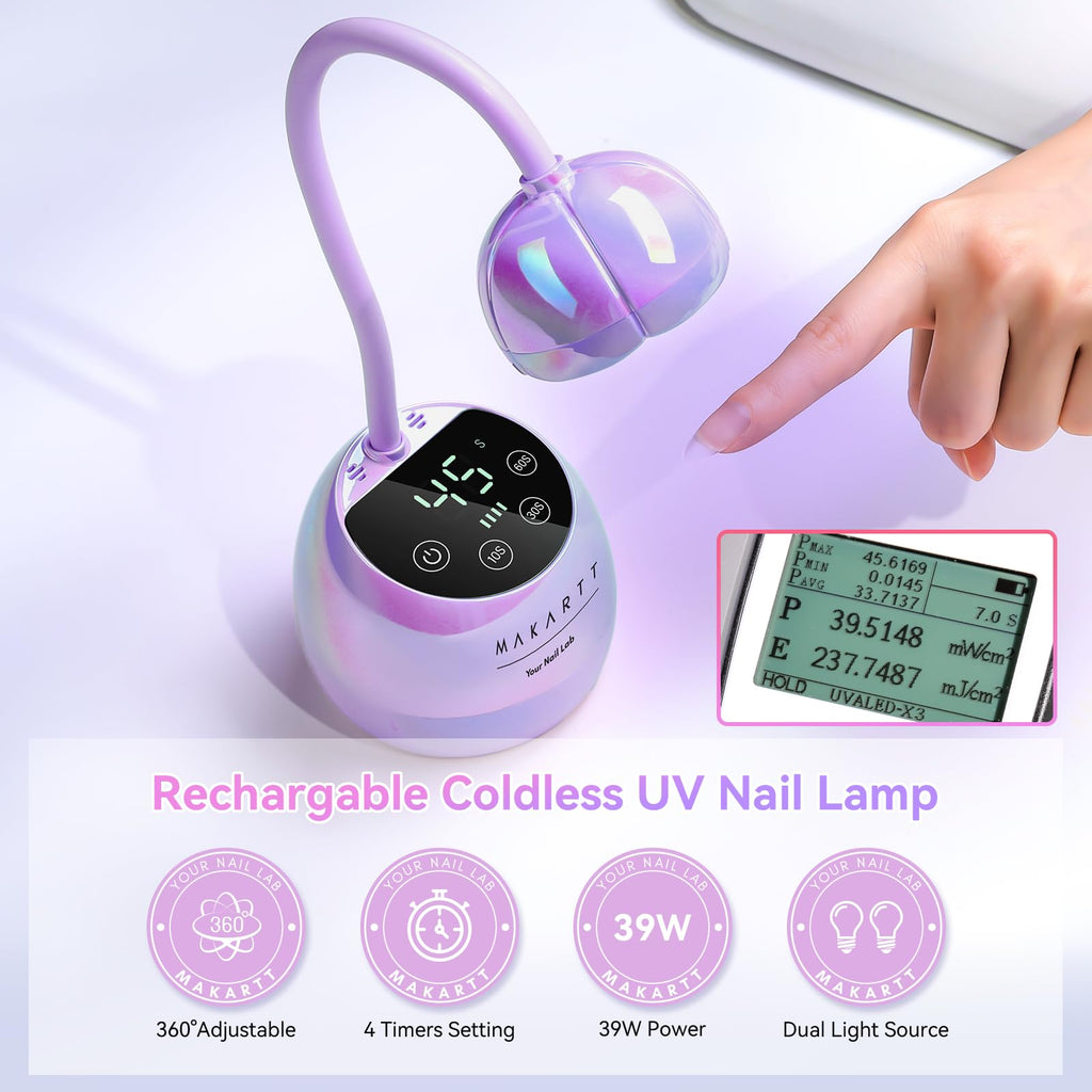Makartt UV LED Nail Lamp – Gooseneck Cordless Nail Dryer for Gel Nails, 39mW/cm² (Glazed Purple)
