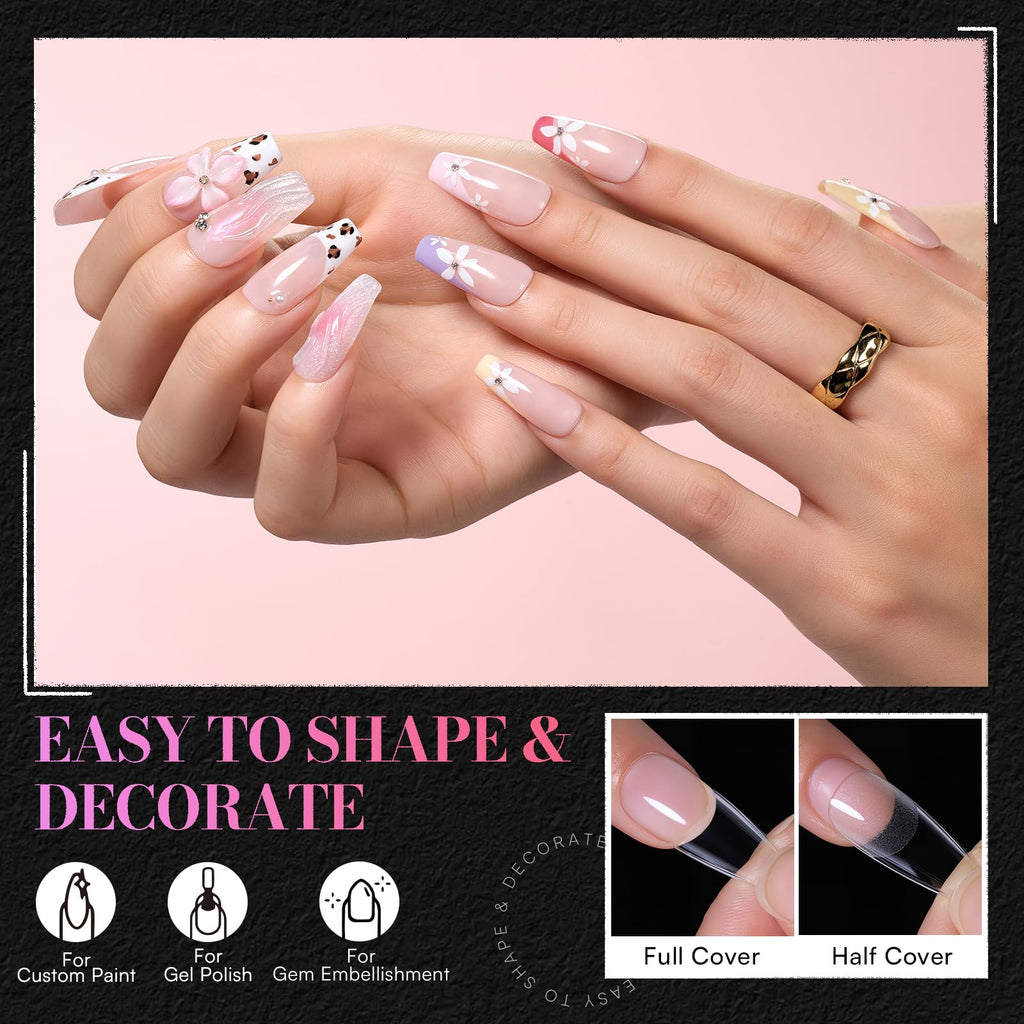 Makartt Medium Coffin Nail Tips – 504 PCS Pre-Etched Clear Nails, 15 Sizes, Half-Matte Finish, Press-On Extensions