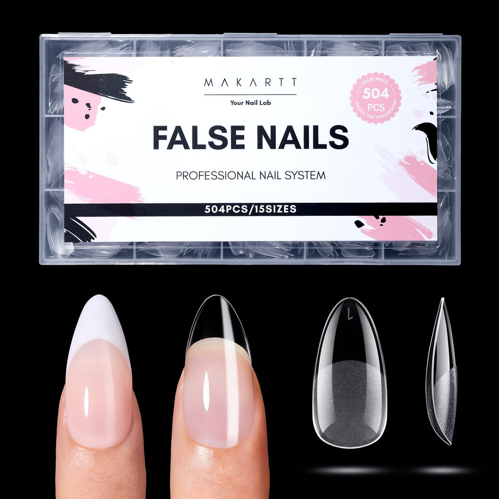 Makartt Medium Almond Nail Tips – 504 PCS, Pre-Etched Clear, 15 Sizes