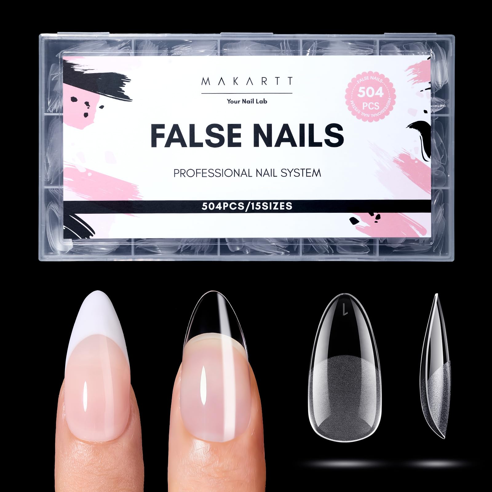 Makartt Medium Almond Nail Tips – 504 PCS, Pre-Etched Clear, 15 Sizes