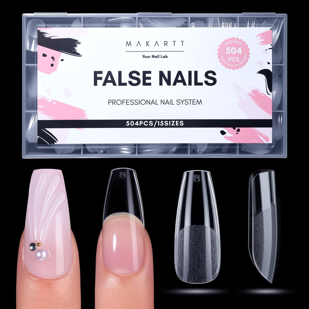 Makartt Medium Coffin Nail Tips – 504 PCS Pre-Etched Clear Nails, 15 Sizes, Half-Matte Finish, Press-On Extensions