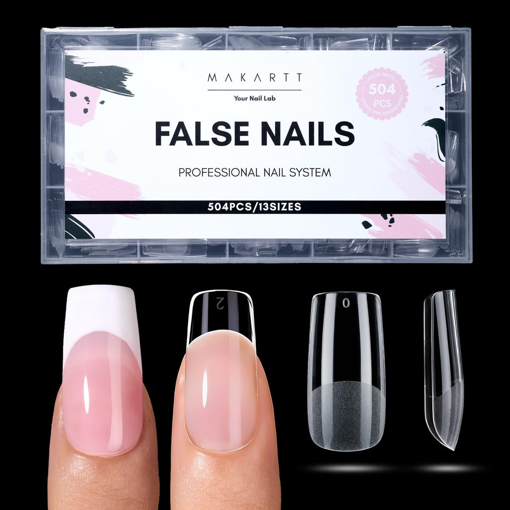 Makartt Medium Square Nail Tips – 504 PCS, 13 Sizes, Clear, Half-Matte