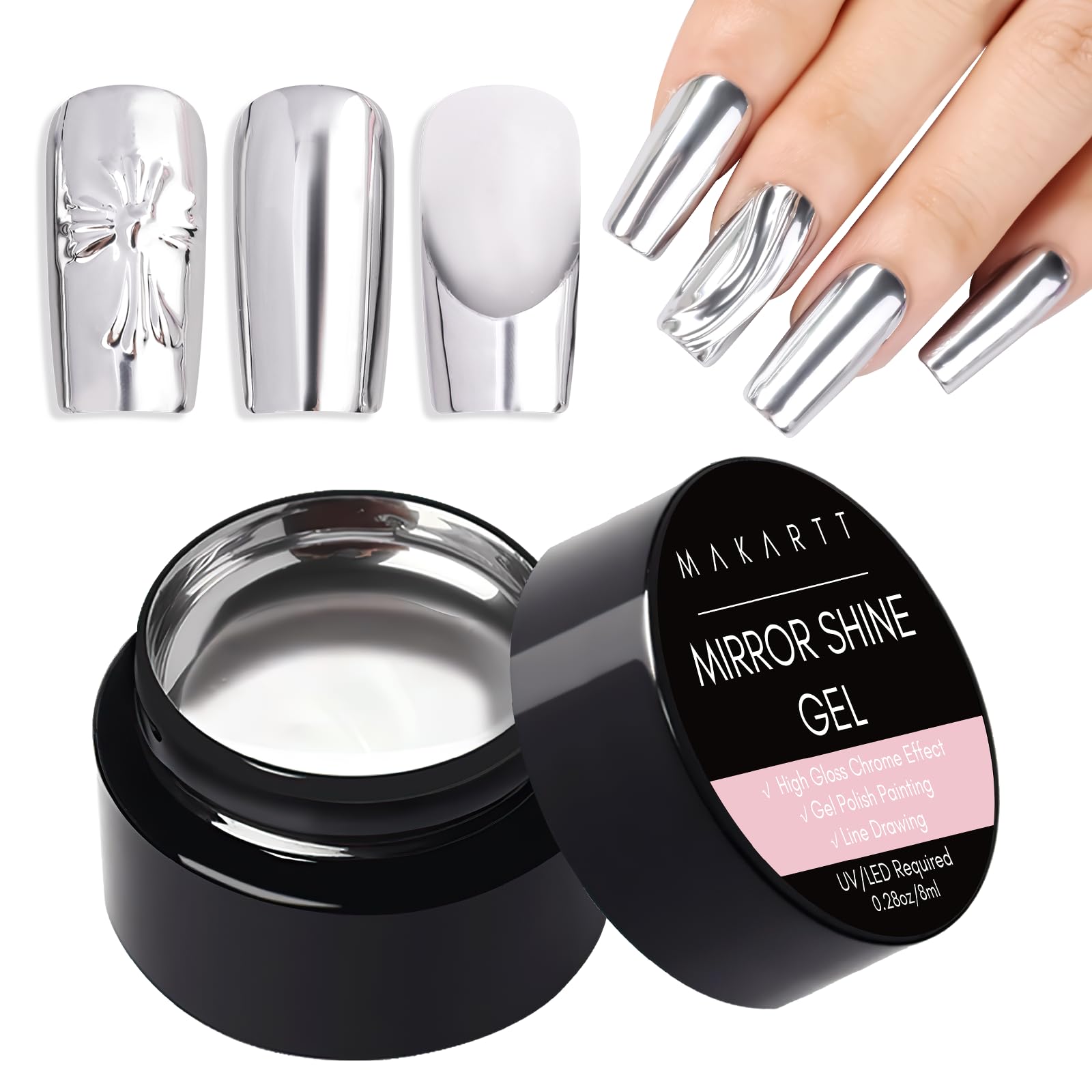 Makartt Mirror Shine Gel 8ml – Silver Chrome Nail Gel for 3D Art & French Tips