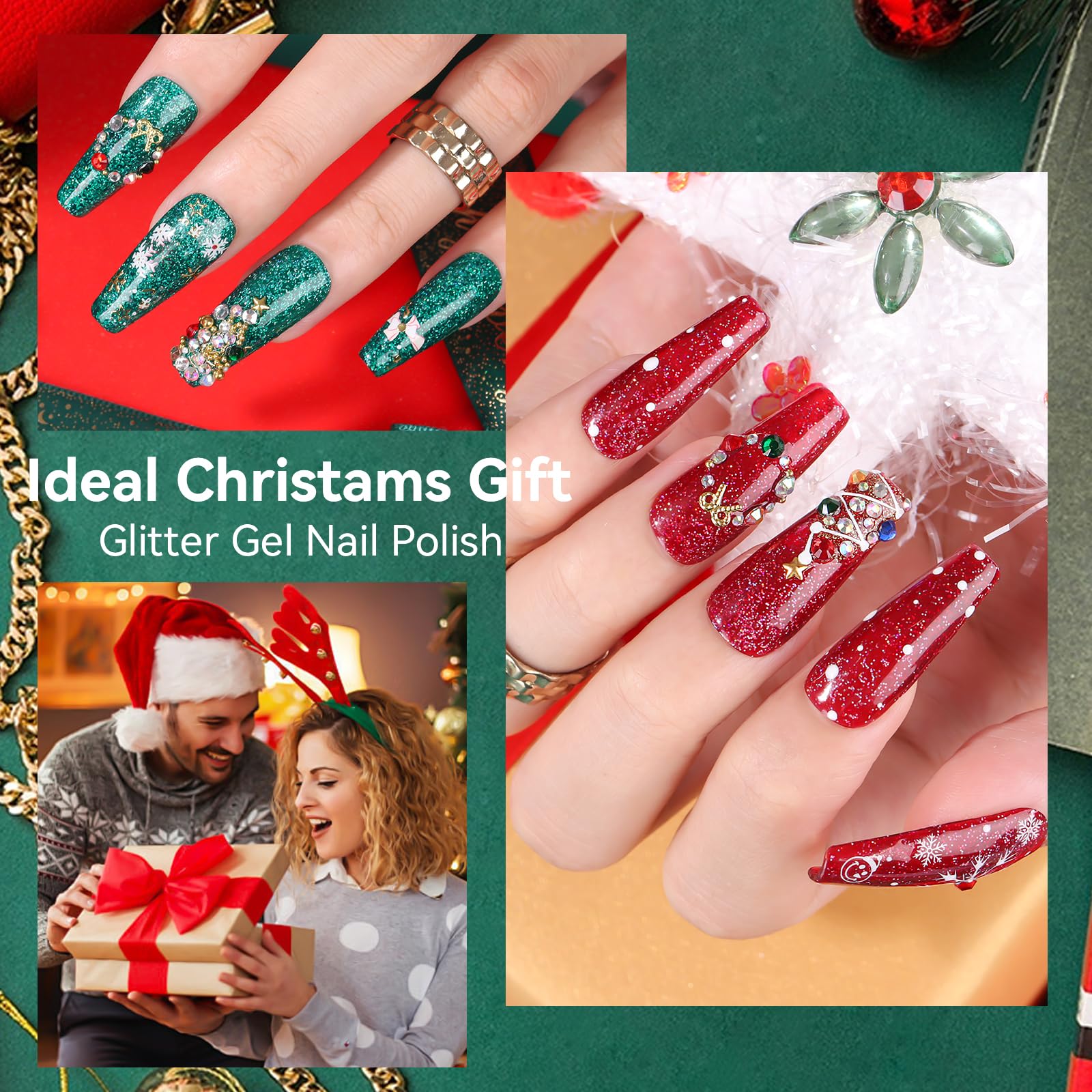 Makartt Christmas Glitter Gel Nail Polish Set – 2x15ml Shimmer Red & Green