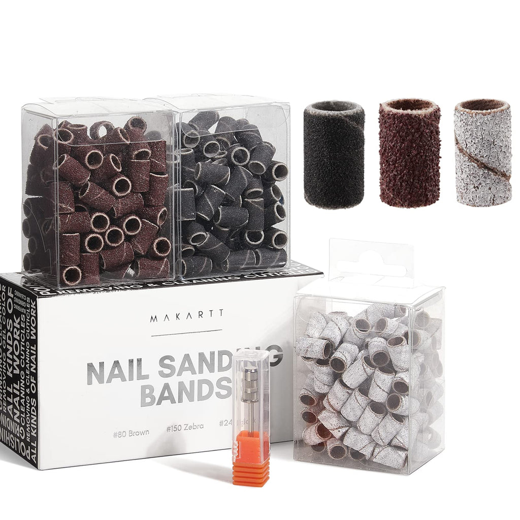 Makartt Nail Drill Bits Sanding Bands – 300Pcs, 80/150/240 Grits (Brown, Zebra, Black) for Acrylic & Gel Nails