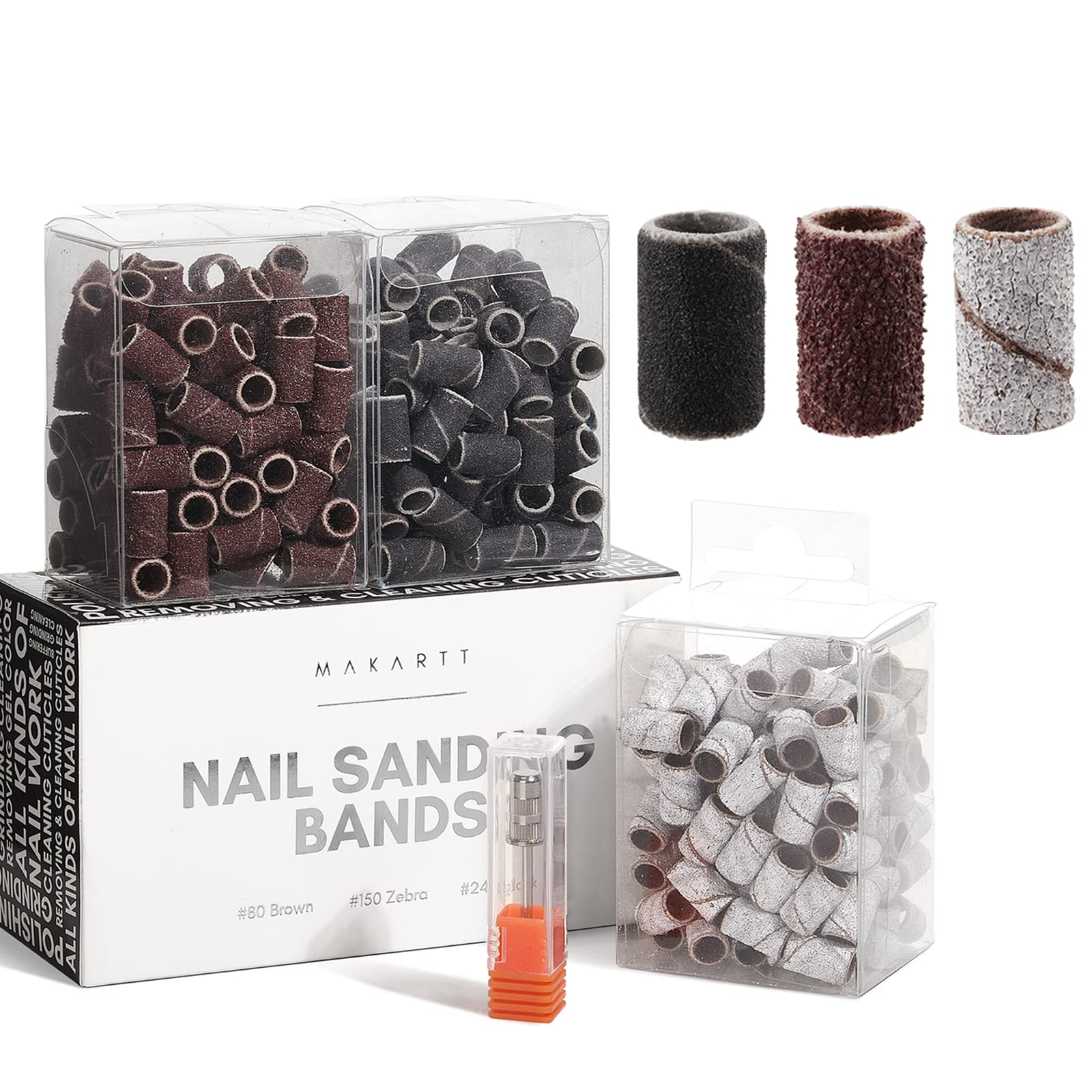 Makartt Nail Drill Bits Sanding Bands – 300Pcs, 80/150/240 Grits (Brown, Zebra, Black) for Acrylic & Gel Nails