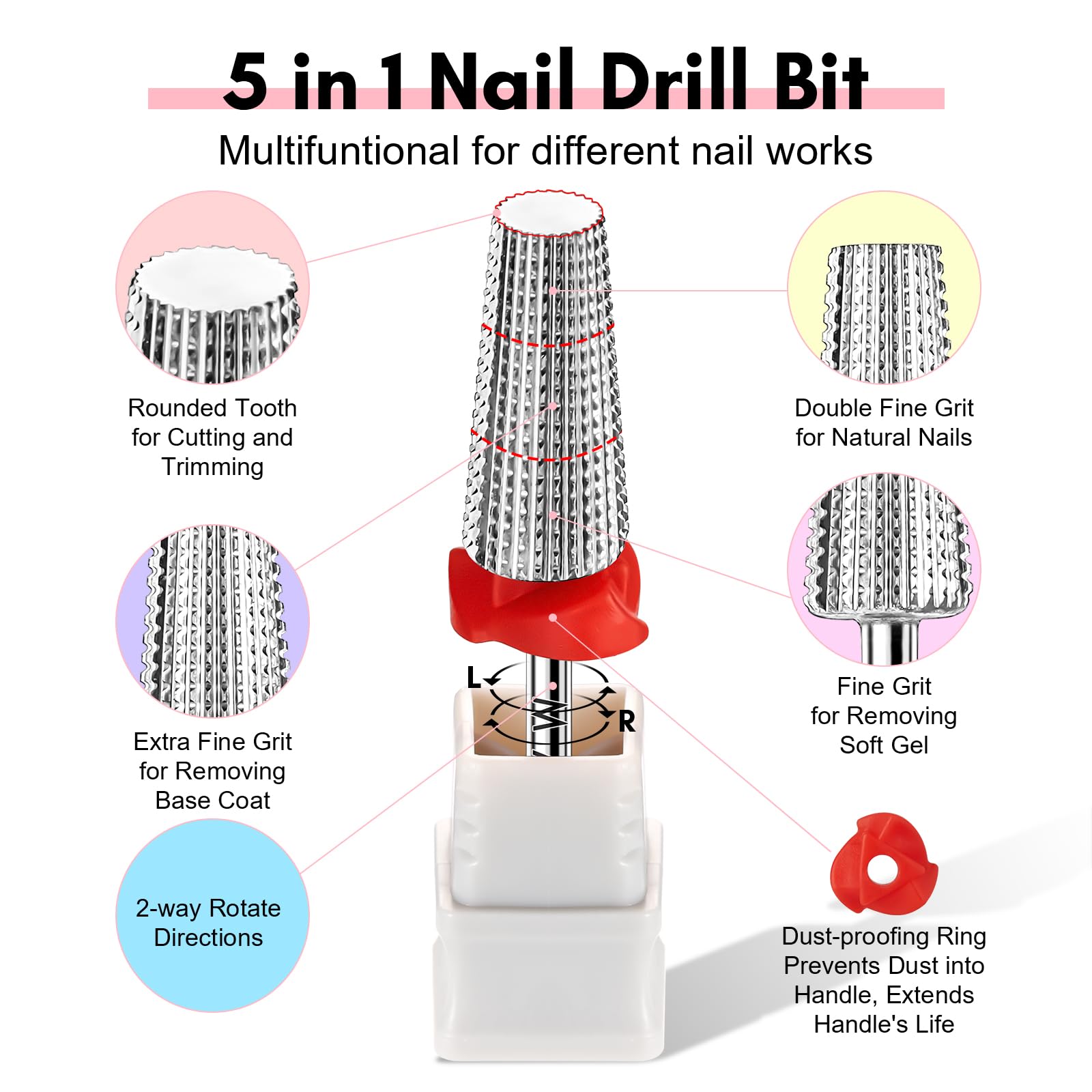 Makartt 5 in 1 Nail Drill Bits – 3/32 shank Tungsten Carbide tapered bits, Fine Grade, Silver