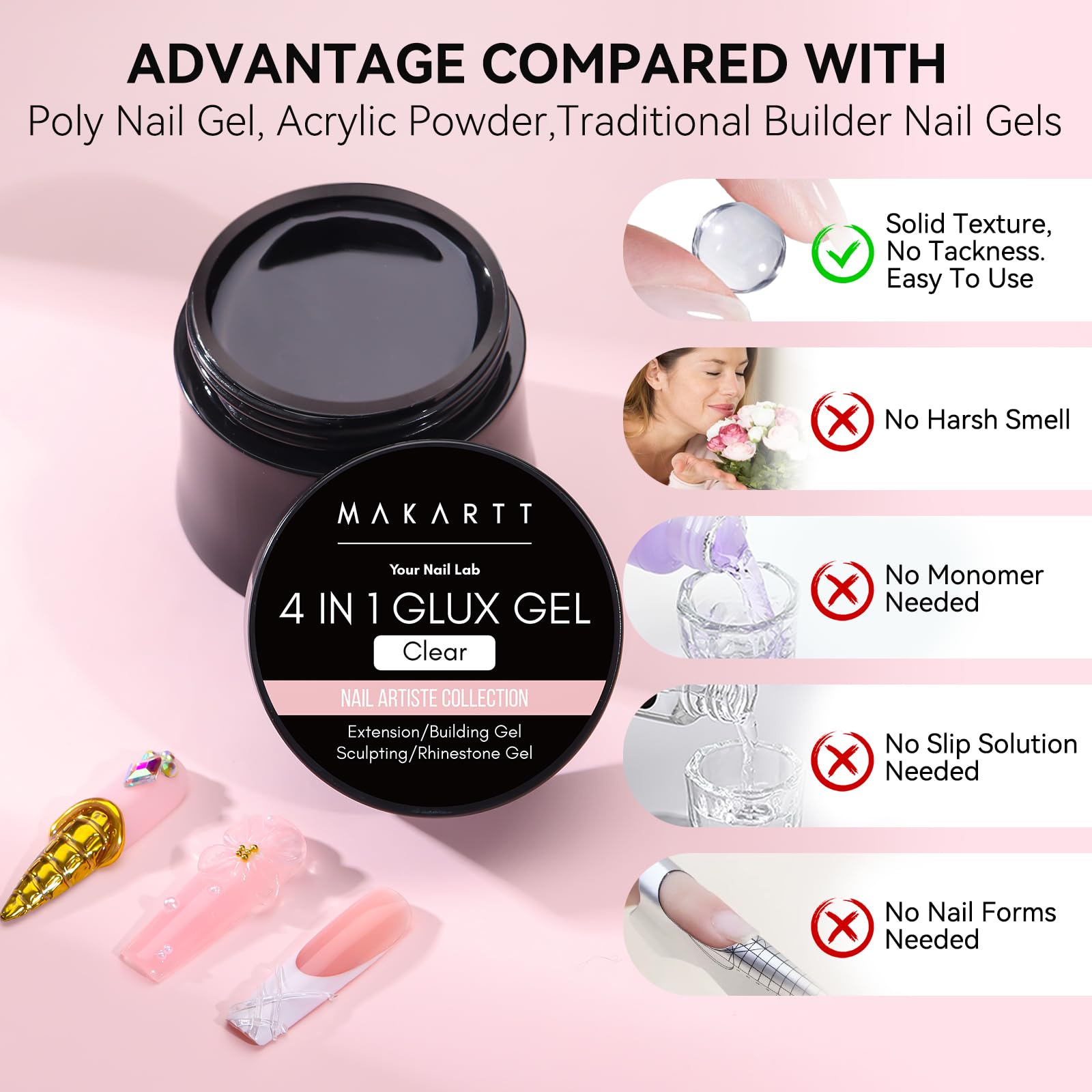 Makartt 3D Sculpting Gel Kit – 30g Clear, Non-Sticky 3D Nail Art Gel with Chrome Powder & Molds