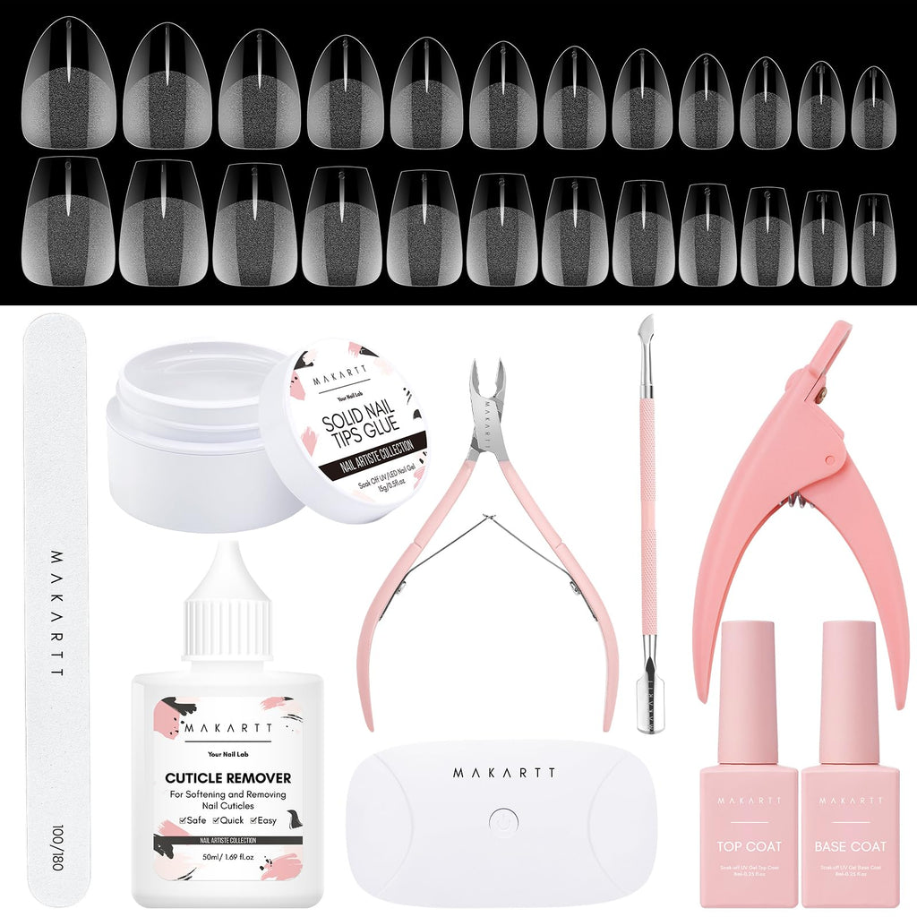 Makartt Nail Glue & Tips Kit — 15ML Solid Gel, Almond & Coffin Tips, UV Lamp