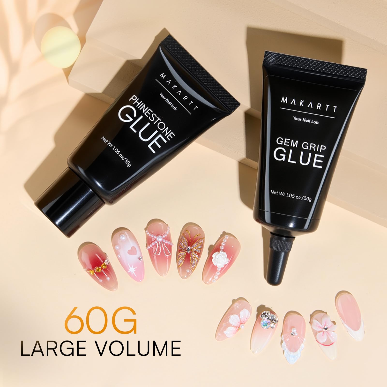 Makartt Nail Rhinestone Glue Gel Set (60g) – 2-Pack, Dual Viscosity for 3D Nail Art