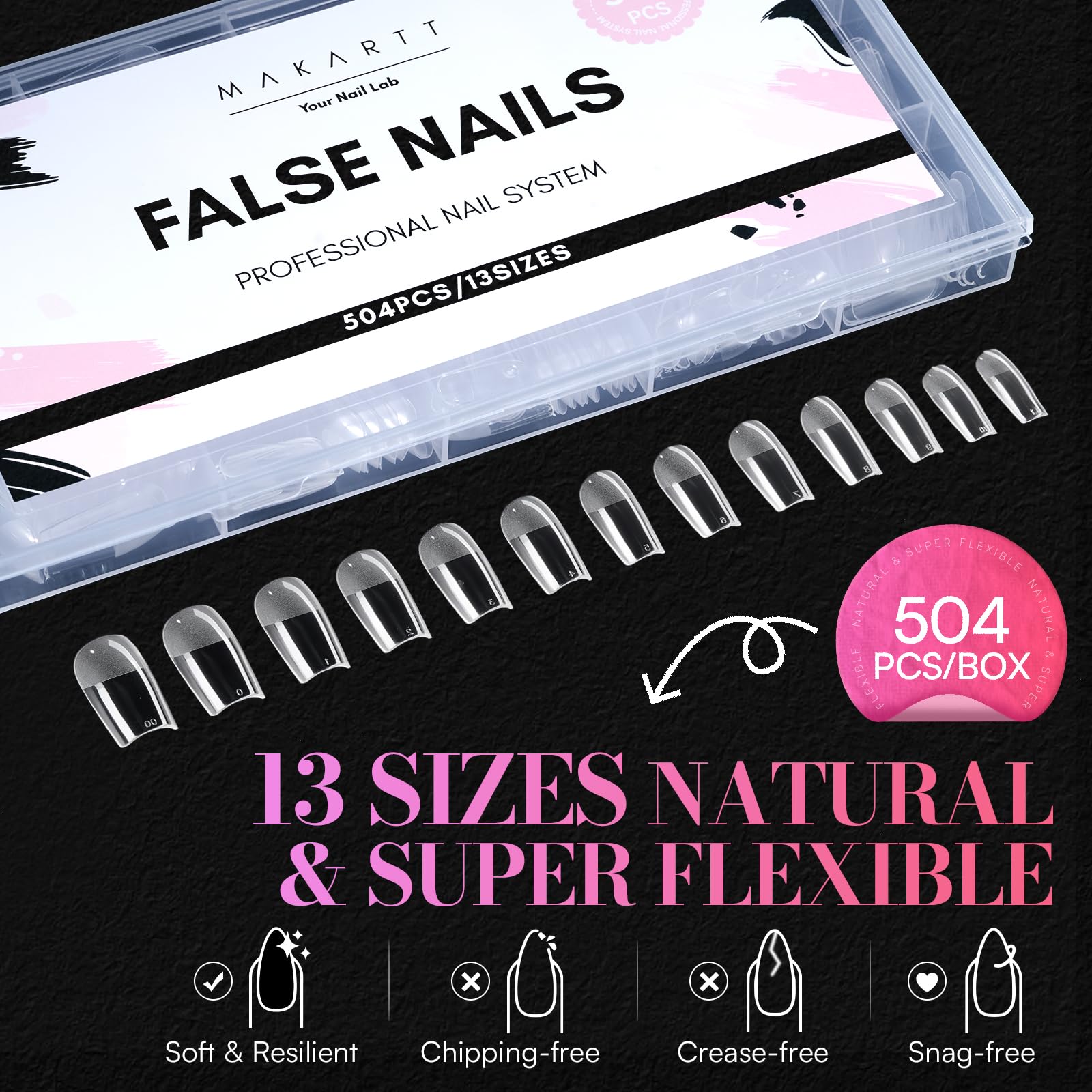 Makartt Medium Square Nail Tips – 504 PCS, 13 Sizes, Clear, Half-Matte