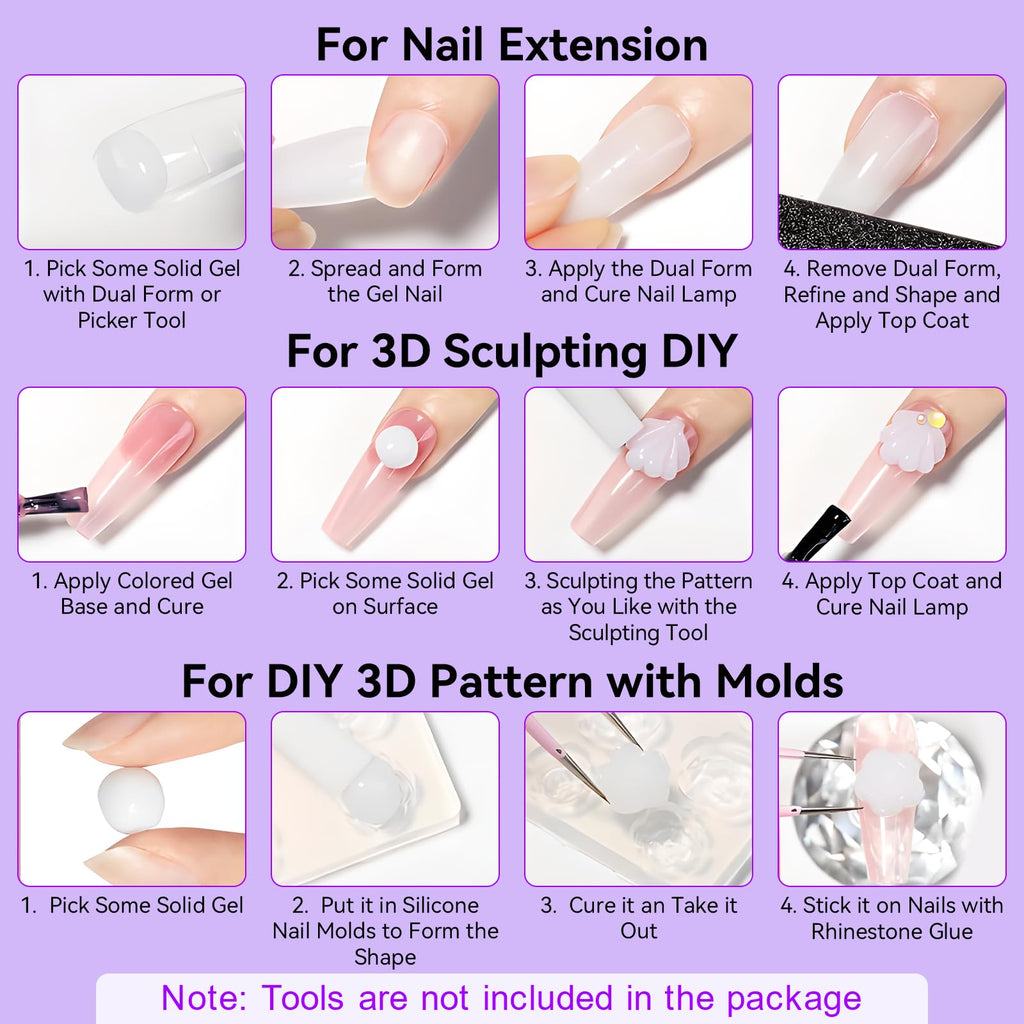 Makartt 3D Gel Nail Art – 4-in-1 Solid Builder Gel White, Non-Sticky, 2x15ml + UV Glue for Tips