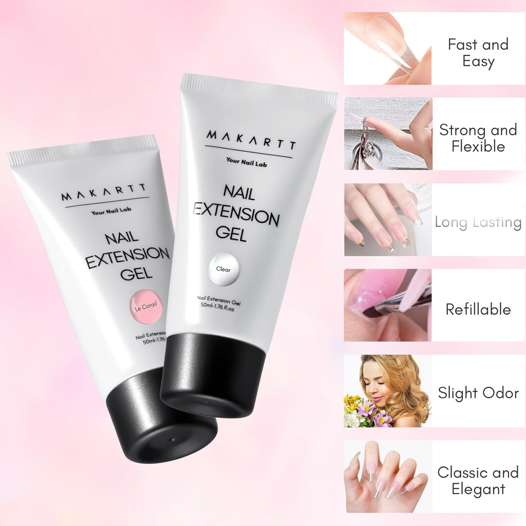 Makartt Poly Nail Gel Kit — 2 x 50ml Clear & Nature Pink for Easy Extensions