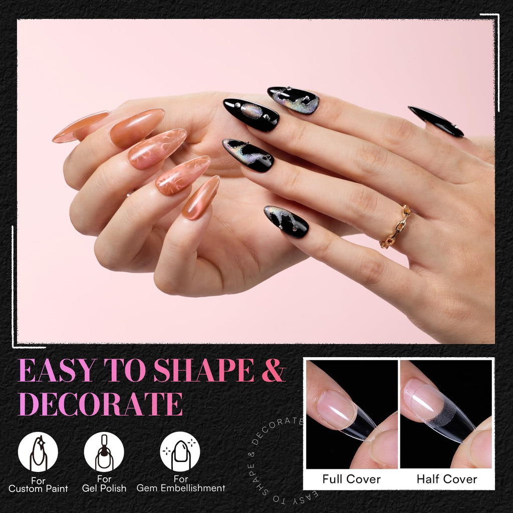 Makartt Medium Almond Nail Tips – 504 PCS, Pre-Etched Clear, 15 Sizes
