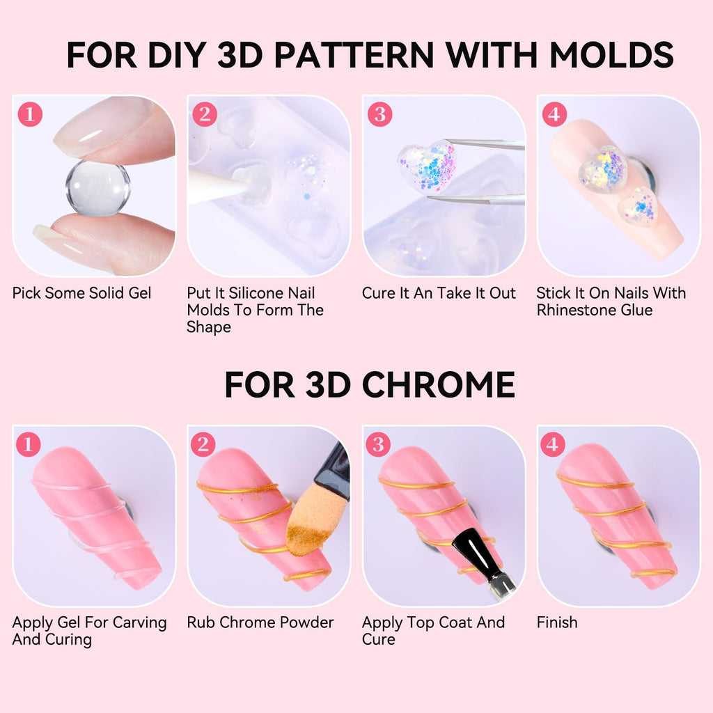 Makartt 3D Sculpting Gel Kit – 30g Clear, Non-Sticky 3D Nail Art Gel with Chrome Powder & Molds
