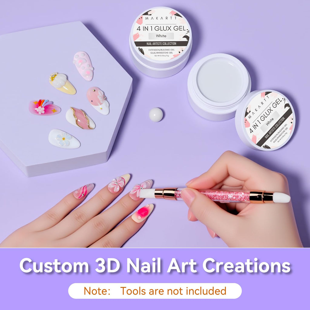 Makartt 3D Gel Nail Art – 4-in-1 Solid Builder Gel White, Non-Sticky, 2x15ml + UV Glue for Tips