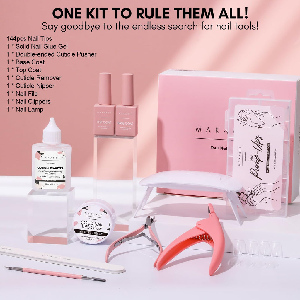 Makartt Nail Glue & Tips Kit — 15ML Solid Gel, Almond & Coffin Tips, UV Lamp