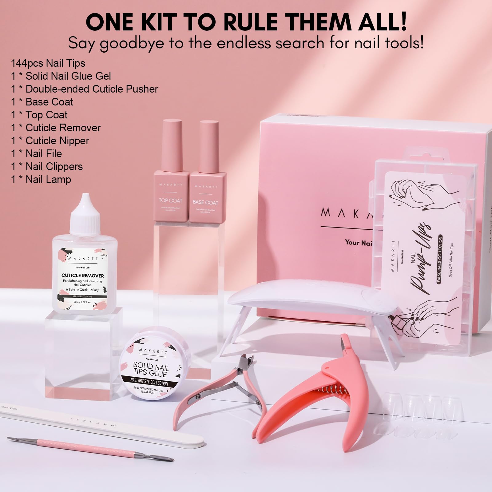Makartt Nail Glue & Tips Kit — 15ML Solid Gel, Almond & Coffin Tips, UV Lamp