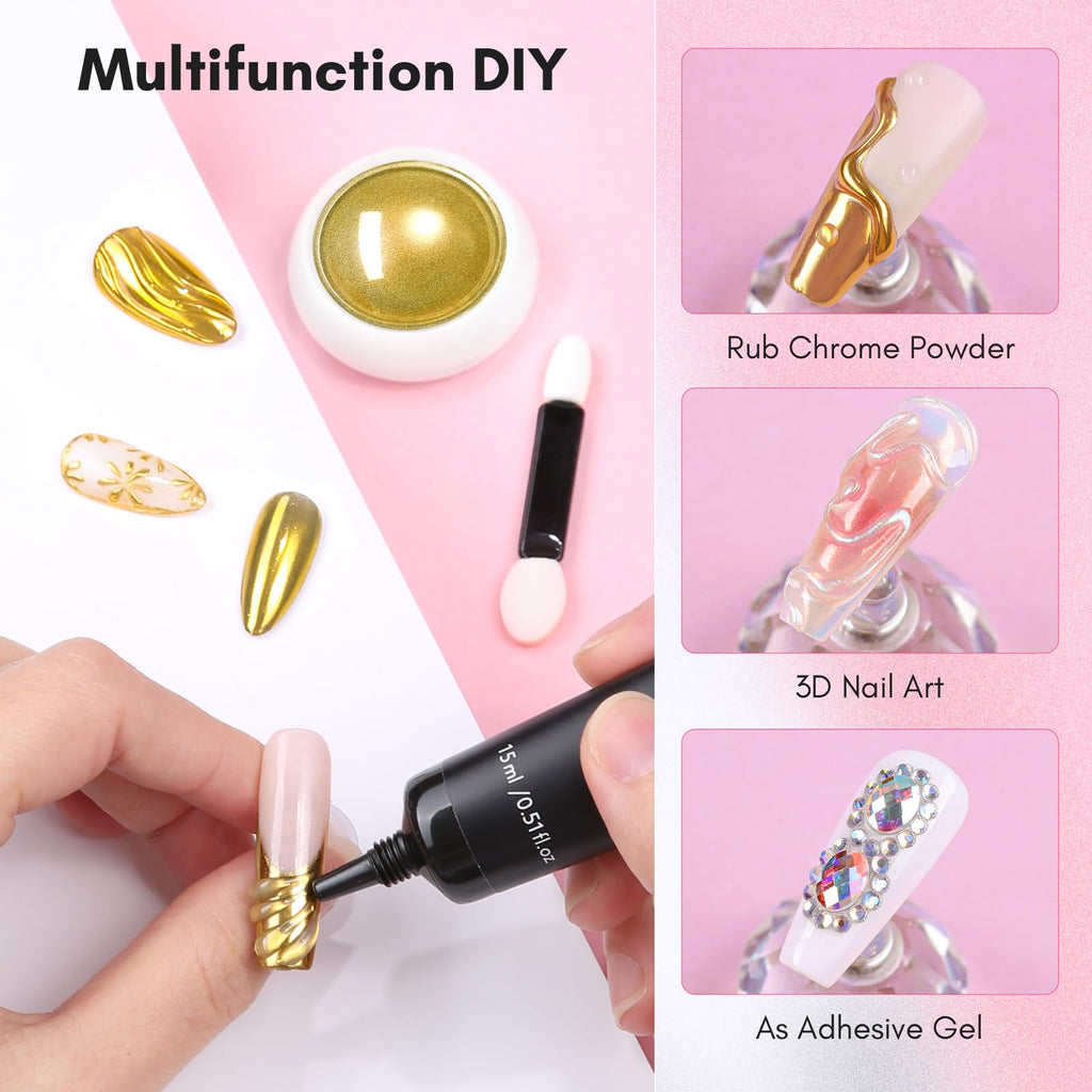 Makartt 3D Gel Nail Art Kit with Gold Chrome Powder – Clear Molding Gel & Mirror Powder Set