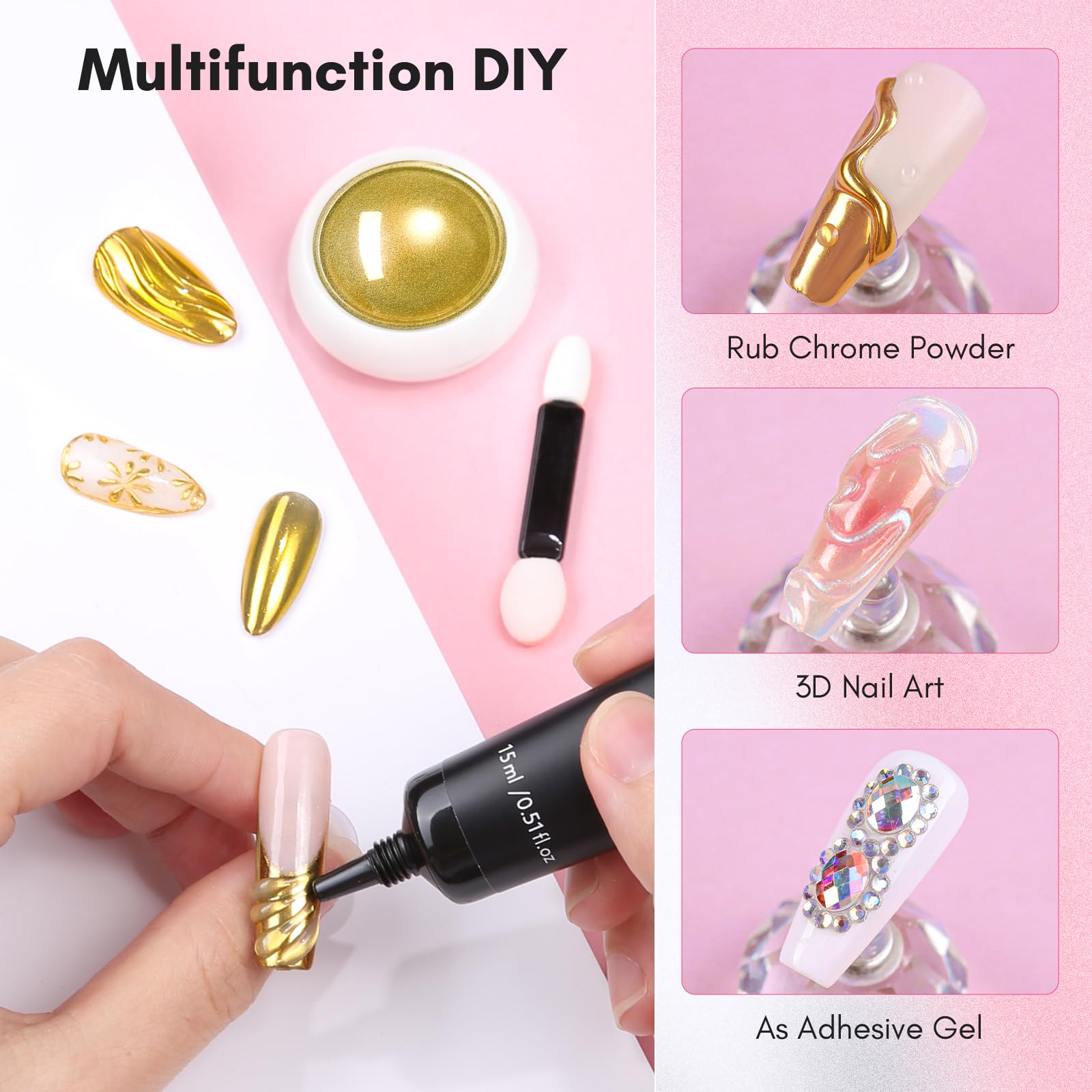 Makartt 3D Gel Nail Art Kit with Gold Chrome Powder – Clear Molding Gel & Mirror Powder Set