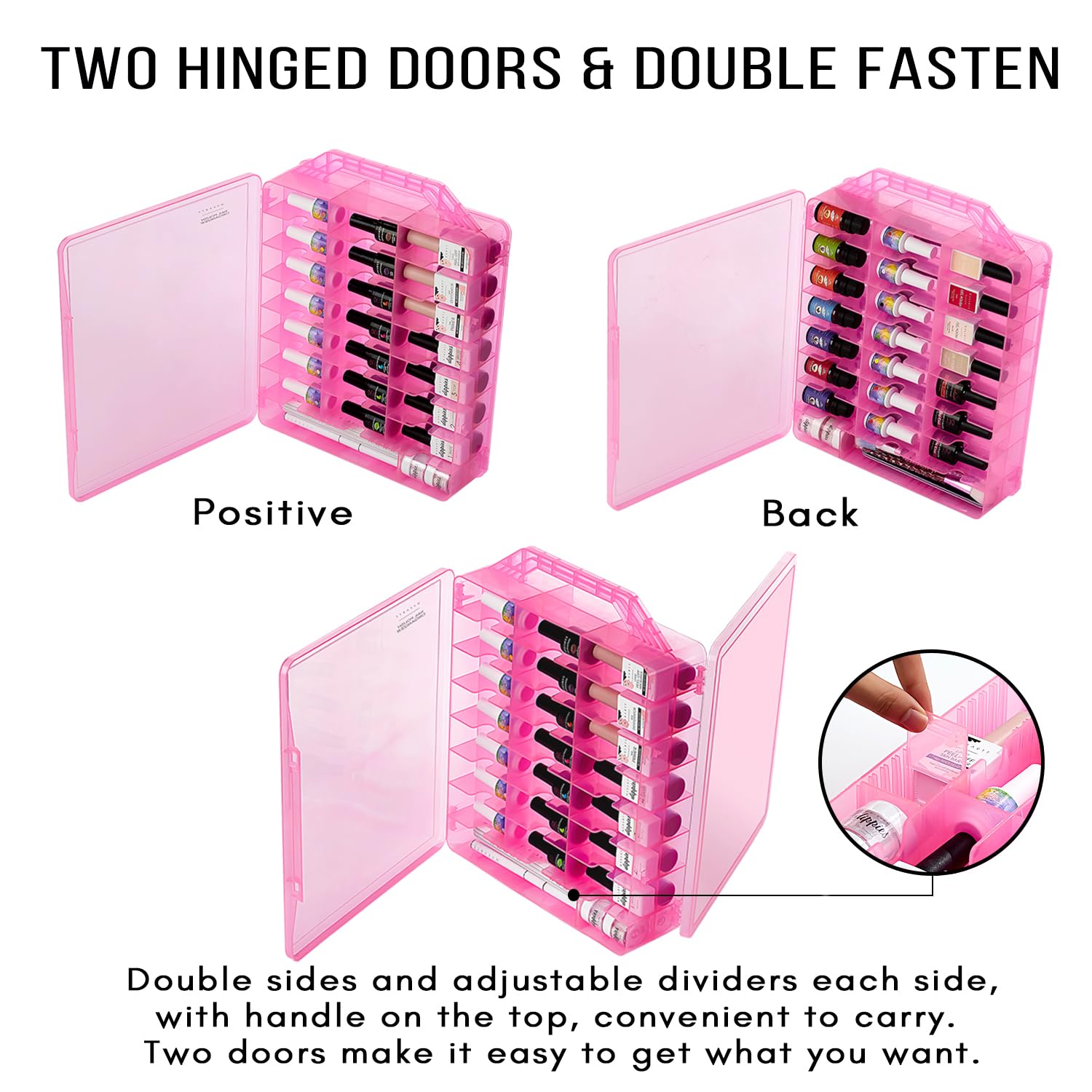 Makartt Nail Polish Organizer – Pink Acrylic Case for 48 Bottles with 8 Adjustable Dividers | Space-Saving