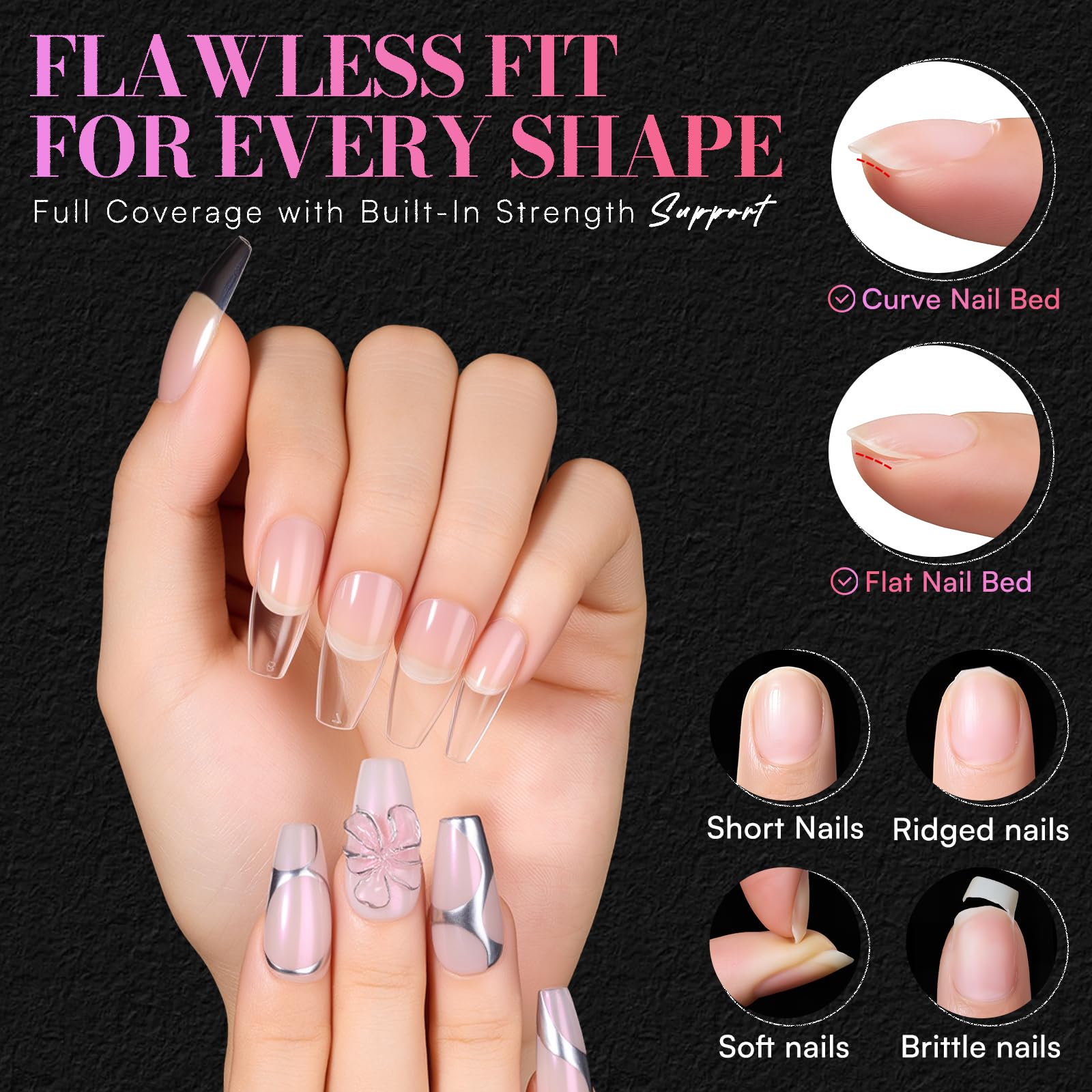 Makartt Medium Coffin Nail Tips – 504 PCS Pre-Etched Clear Nails, 15 Sizes, Half-Matte Finish, Press-On Extensions