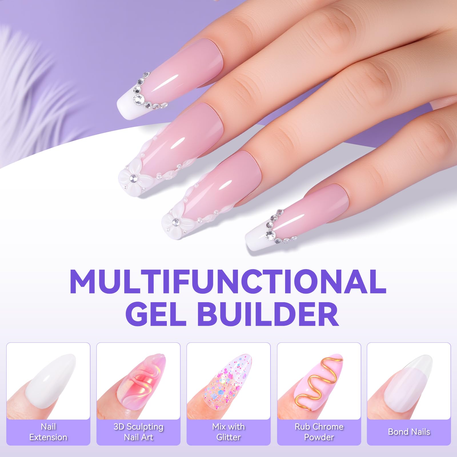 Makartt 3D Gel Nail Art – 4-in-1 Solid Builder Gel White, Non-Sticky, 2x15ml + UV Glue for Tips