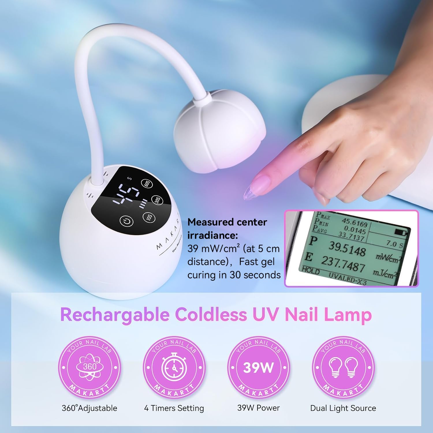 Makartt UV LED Nail Lamp Gooseneck | Cordless USB, 39mW/cm², Auto Sensor