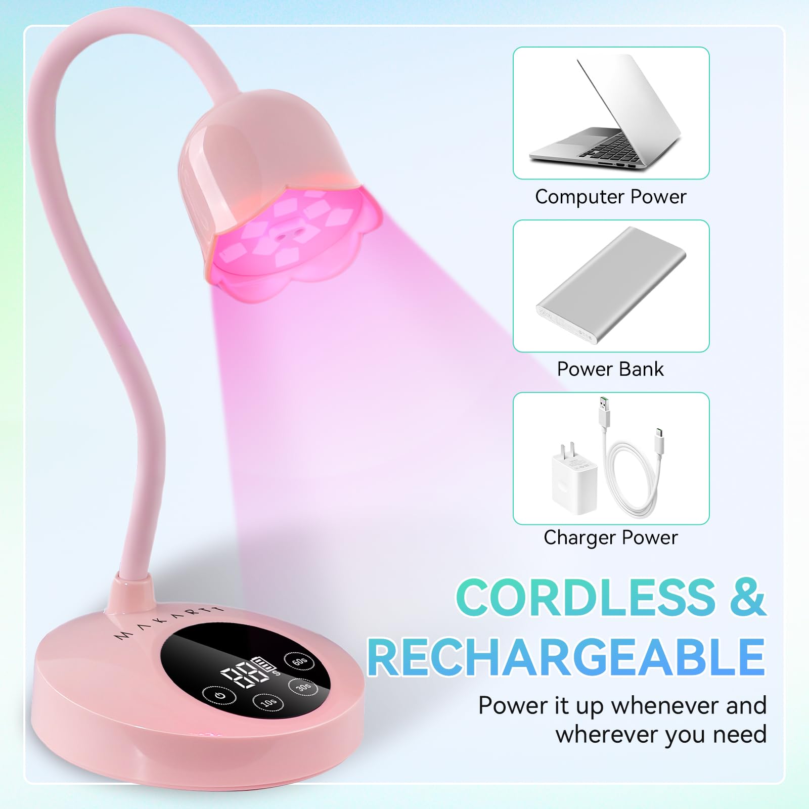 Makartt UV Nail Lamp Pink | Fast Gel Nail Curing, 4 Timers, Auto Sensor, 1800mAh