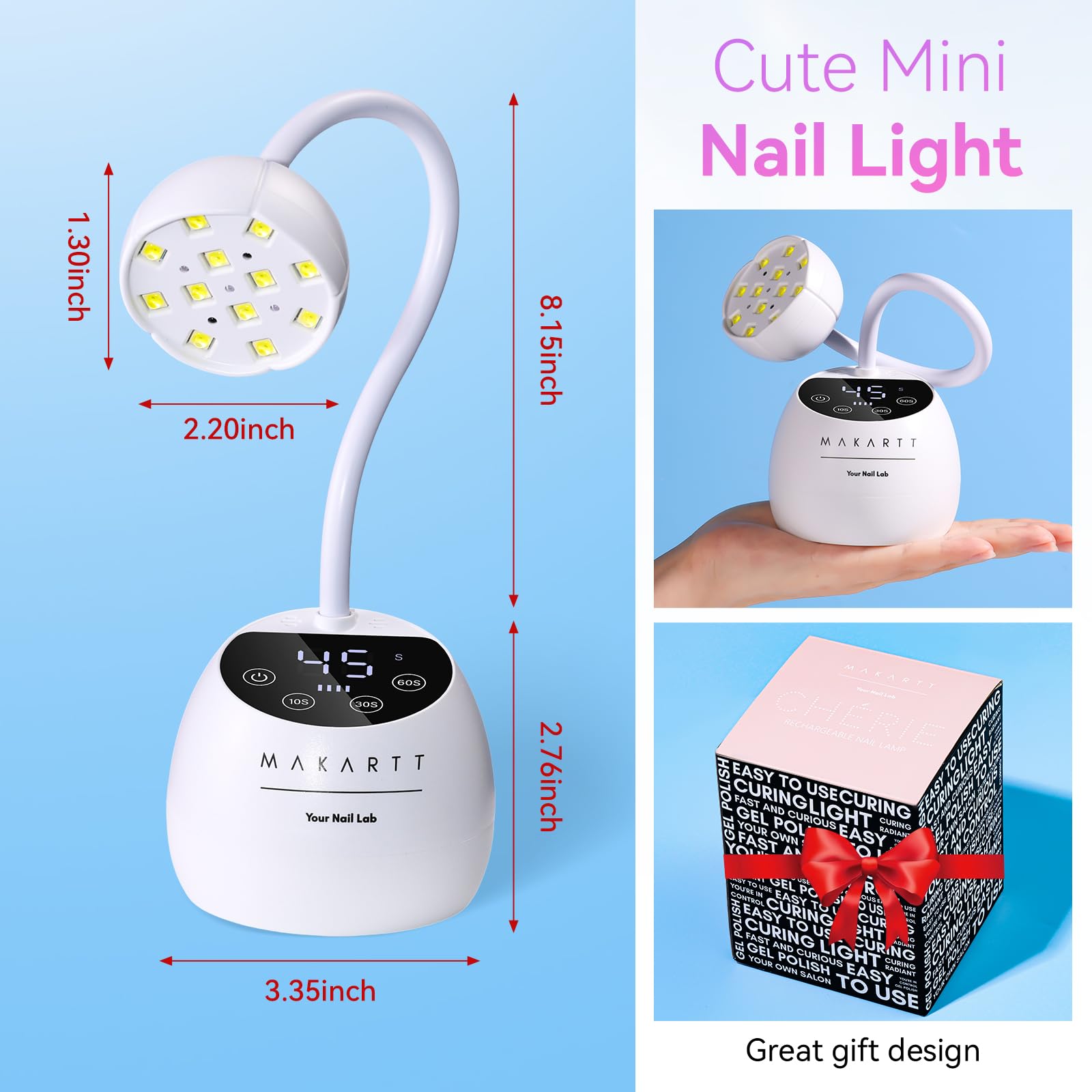 Makartt UV LED Nail Lamp Gooseneck | Cordless USB, 39mW/cm², Auto Sensor