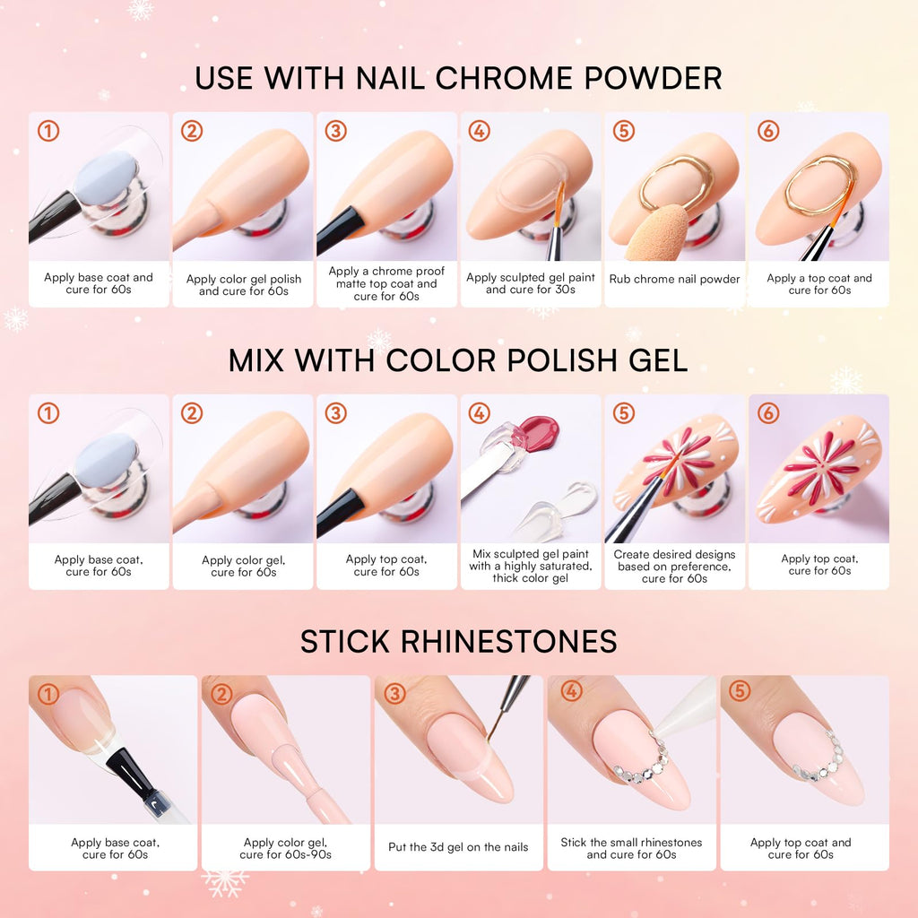 Makartt 3D Gel Nail Art & Chrome Powder Kit – Clear Sculpting Gels, No-Wipe 3D Gel, Gold & Silver Chrome