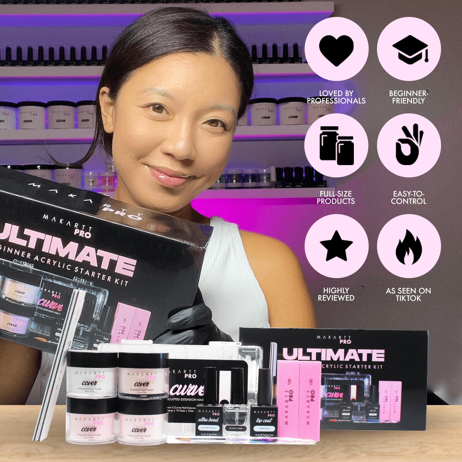 MakarttPro Acrylic Starter Kit for Beginners – Pink & Clear Powder, Kolinsky Brush, Ultra Prep & Ultra Bond