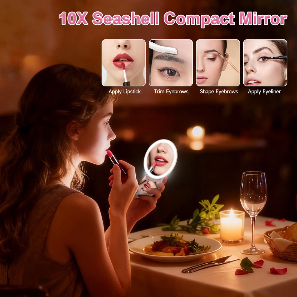 Makefango Compact Makeup Mirror with Lights - 3.5-inch, 2-Sided, 2X/10X Magnification, Portable & Lightweight