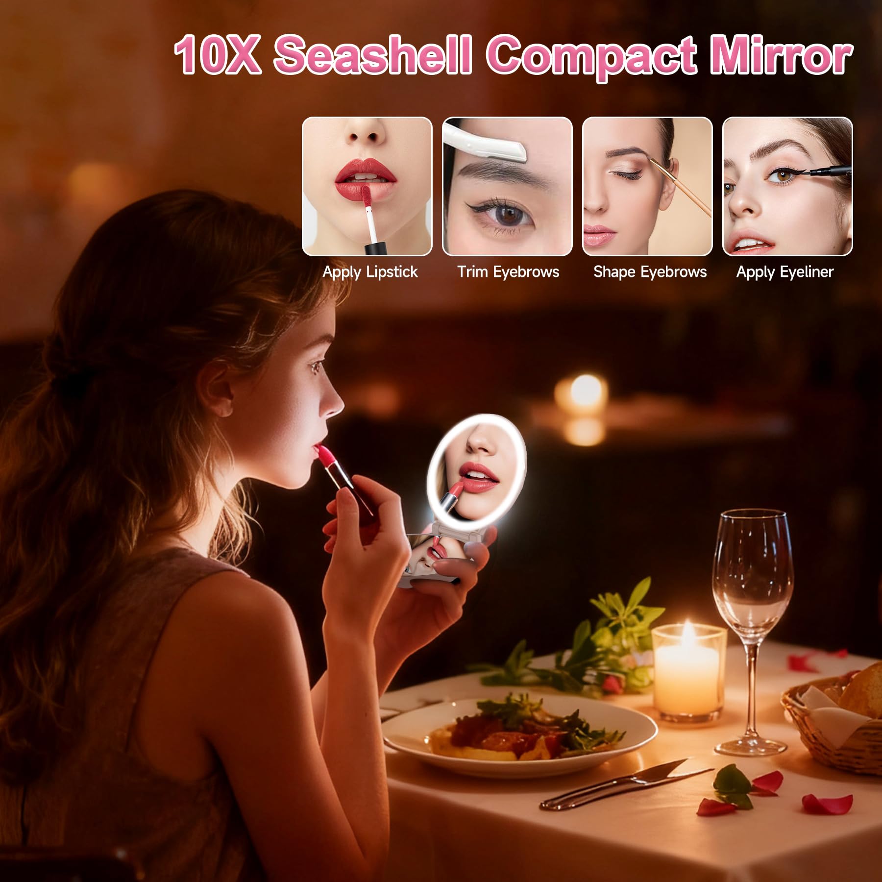 Makefango Compact Makeup Mirror with Lights - 3.5-inch, 2-Sided, 2X/10X Magnification, Portable & Lightweight