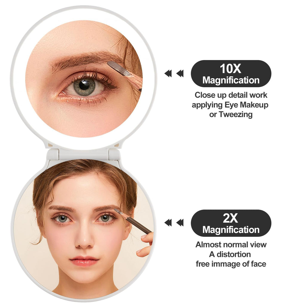 Makefango Compact Makeup Mirror with Lights - 3.5-inch, 2-Sided, 2X/10X Magnification, Portable & Lightweight