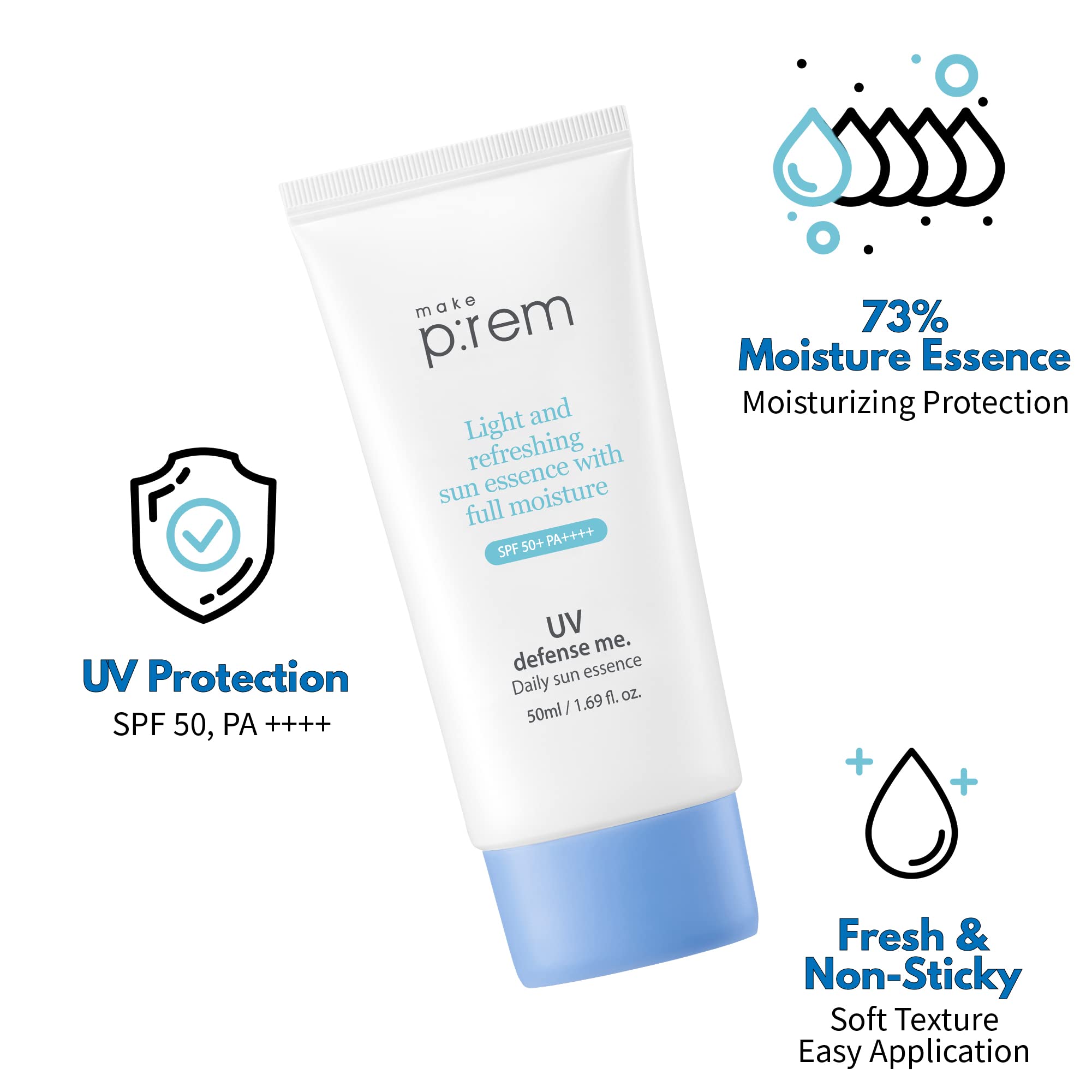 MAKEPREM UVA UVB Defense Me Daily Sun Essence – Vegan Gel Sunscreen SPF 50+ PA++++ (1.69 fl oz)