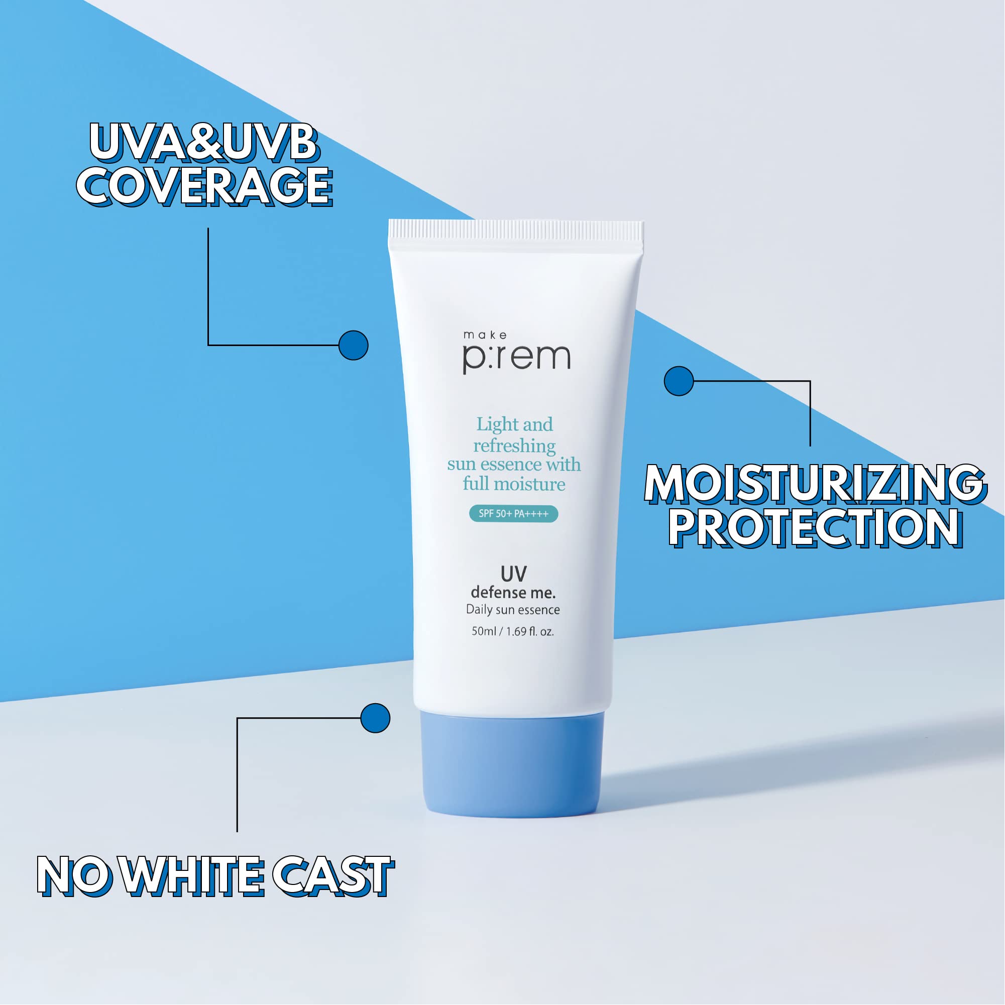 MAKEPREM UVA UVB Defense Me Daily Sun Essence – Vegan Gel Sunscreen SPF 50+ PA++++ (1.69 fl oz)