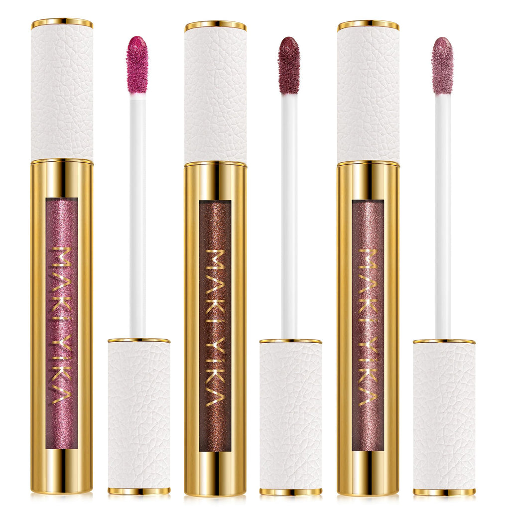 MAKI YIKA 3Pc Metallic Lipstick – Pink Nude Brown High Shine, Long-Lasting Transfer-Proof