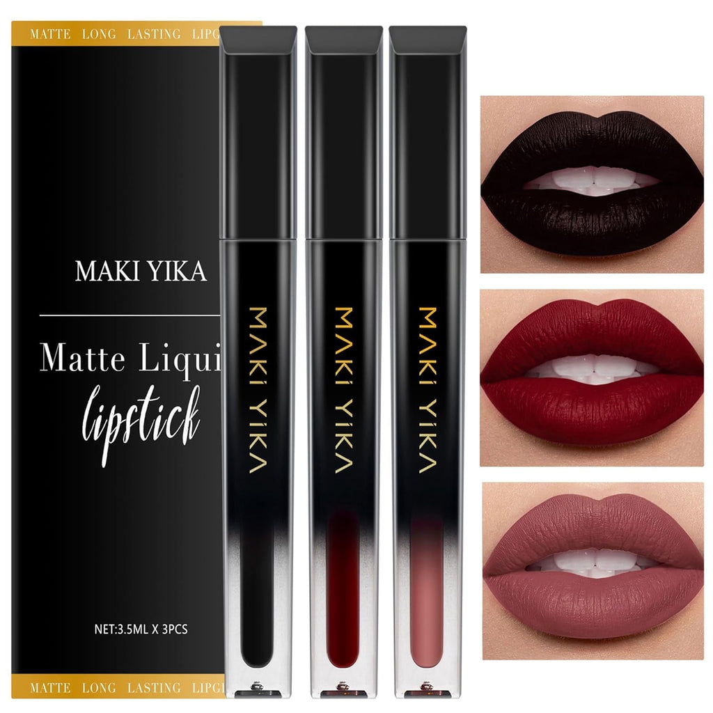 MAKI YIKA 3Pcs Matte Lipstick Set — Long-Lasting, Transfer-Proof (Red, Nude, Dark Red)