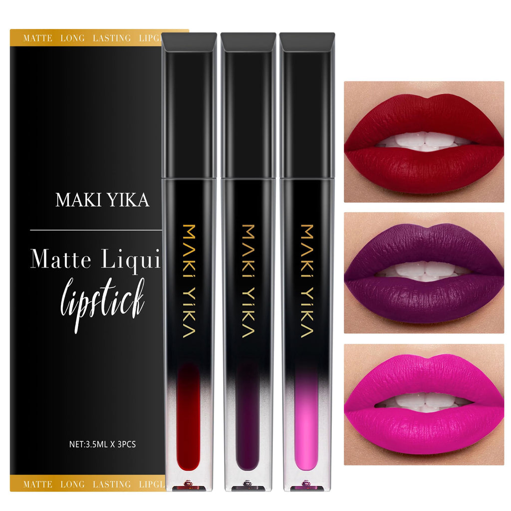 MAKI YIKA 3Pcs Matte Liquid Lipstick Set – Red Purple Pink | Long-Lasting