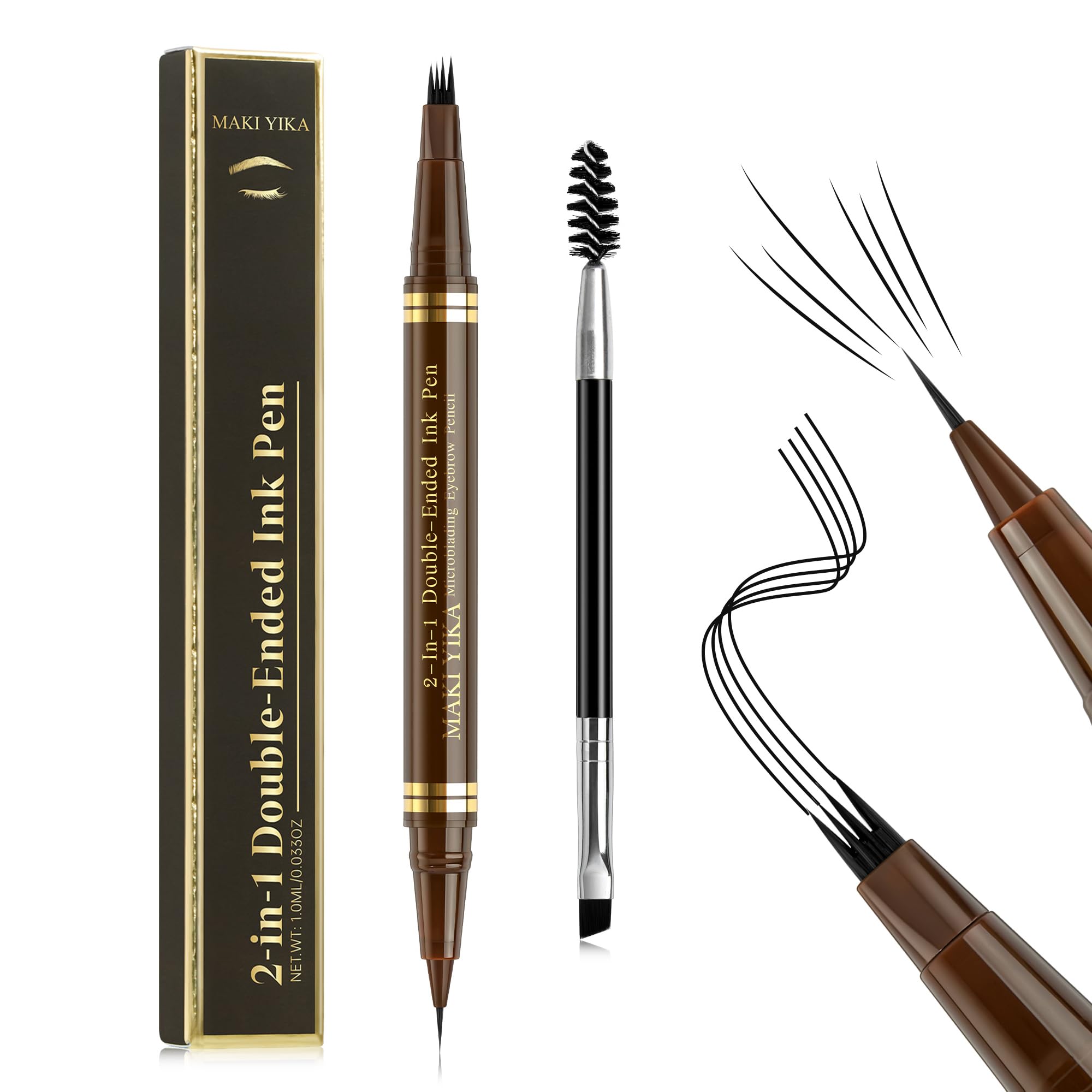 MAKI YIKA Microblading Eyebrow Pencil – Waterproof Dual-Ended Brow Pen with 4-Fork Tip (A-Black)