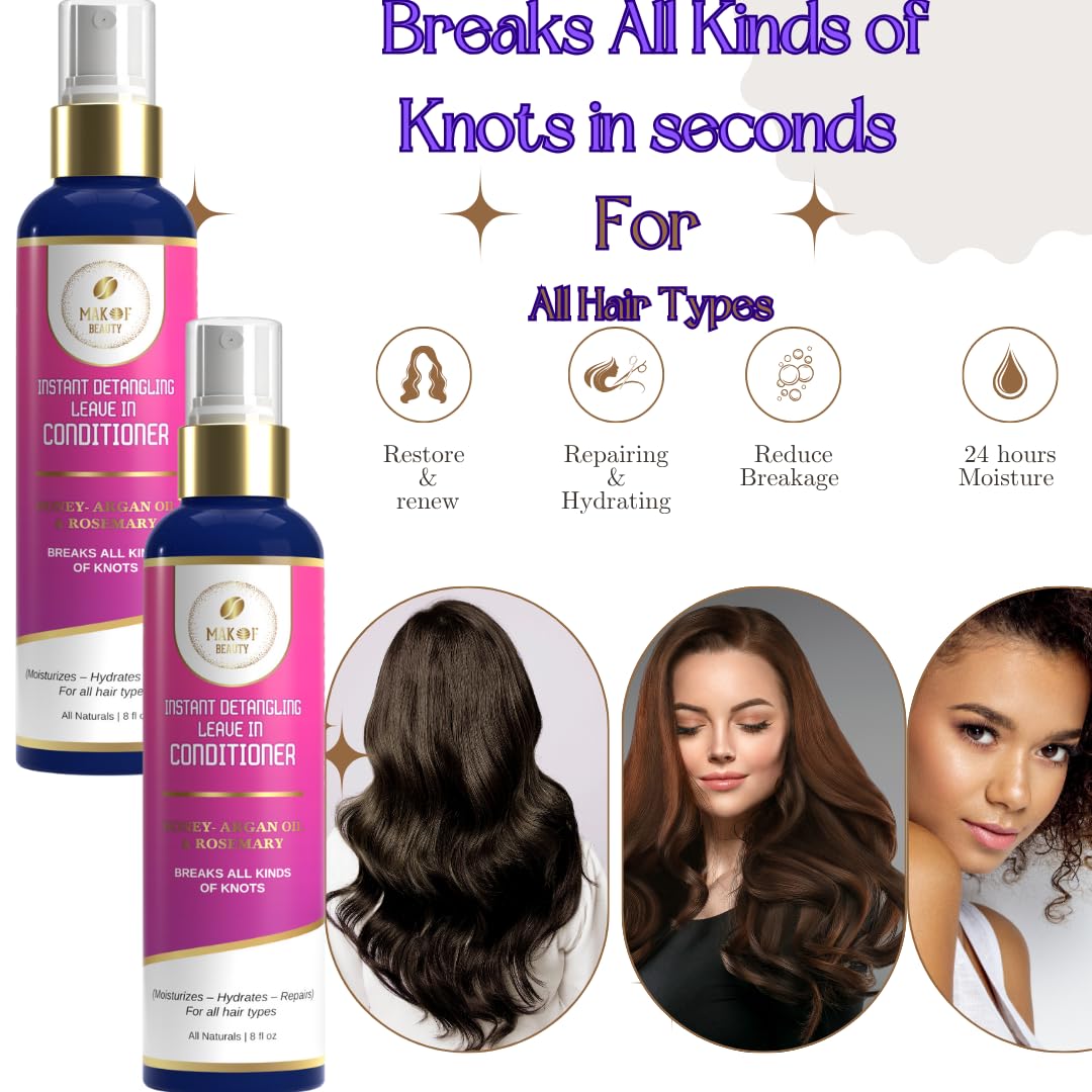MAKOF BEAUTY Leave-In Conditioner Spray – Instant Detangling, 3-in-1 Anti-Frizz Hydration with Argan Oil & Rosemary, 8 oz