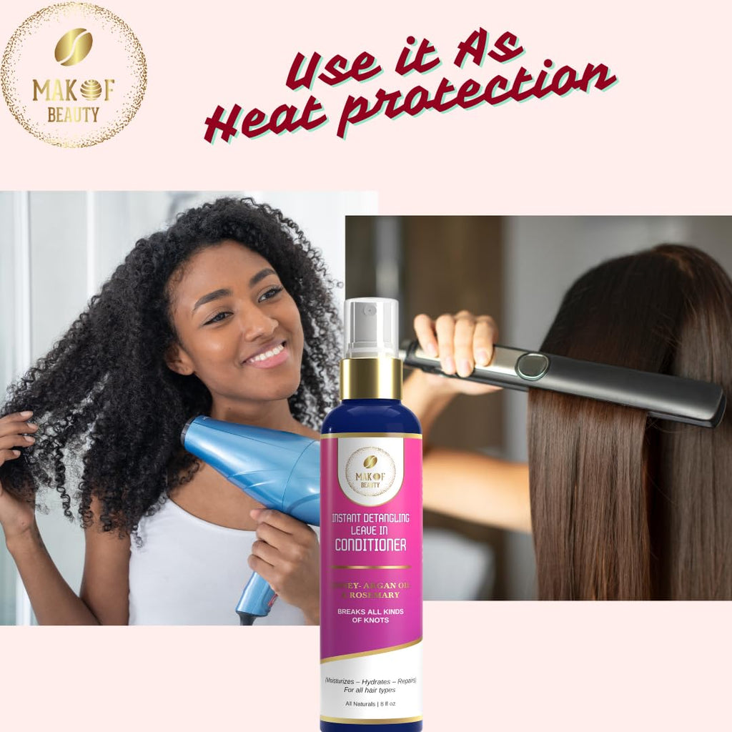 MAKOF BEAUTY Leave-In Conditioner Spray – Instant Detangling, 3-in-1 Anti-Frizz Hydration with Argan Oil & Rosemary, 8 oz