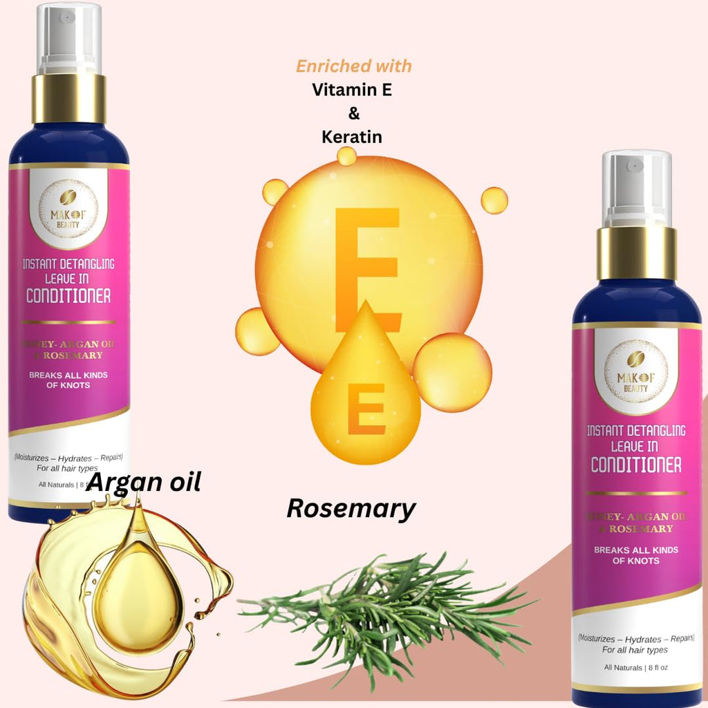 MAKOF BEAUTY Leave-In Conditioner Spray – Instant Detangling, 3-in-1 Anti-Frizz Hydration with Argan Oil & Rosemary, 8 oz