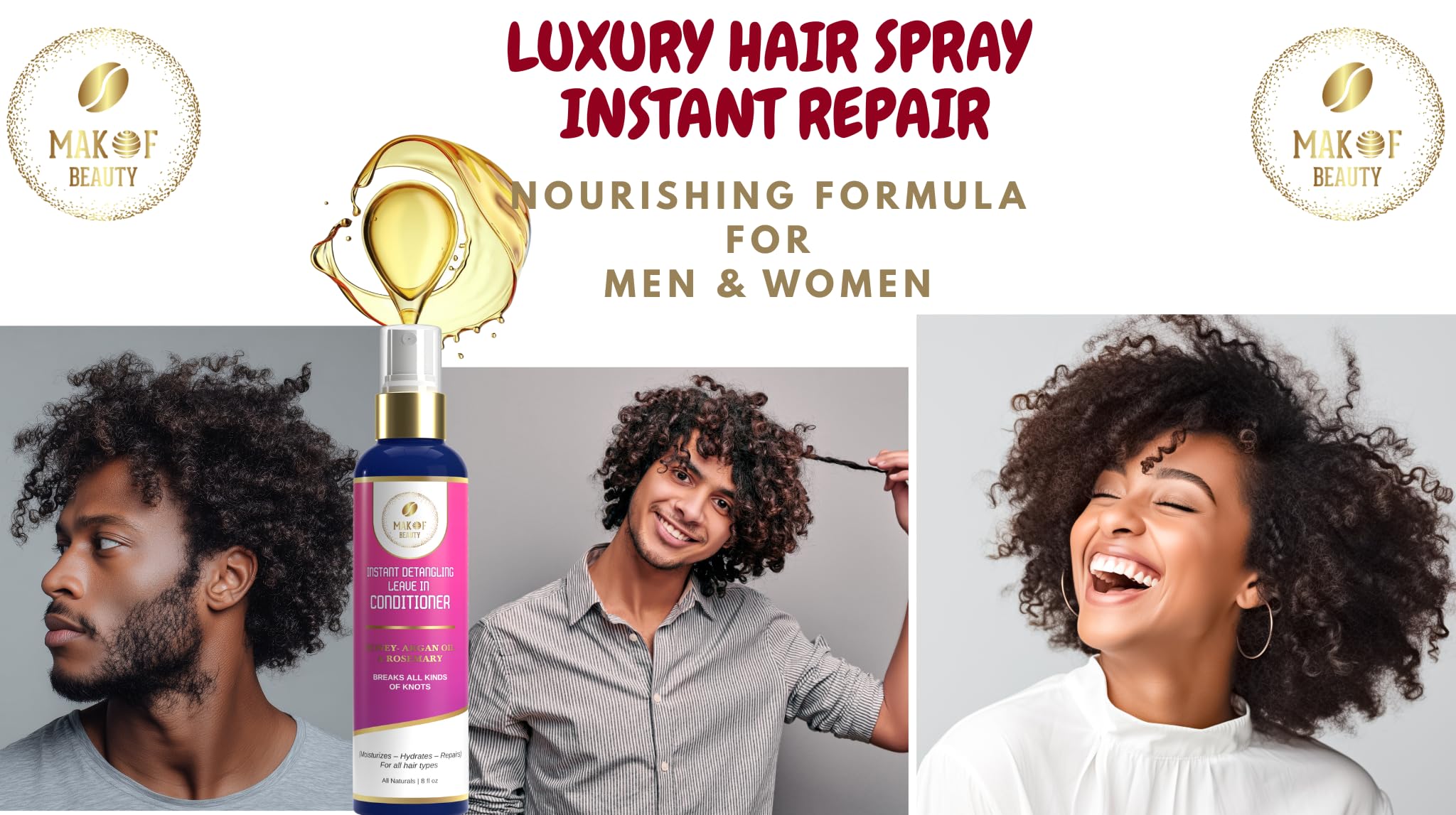 MAKOF BEAUTY Leave-In Conditioner Spray – Instant Detangling, 3-in-1 Anti-Frizz Hydration with Argan Oil & Rosemary, 8 oz